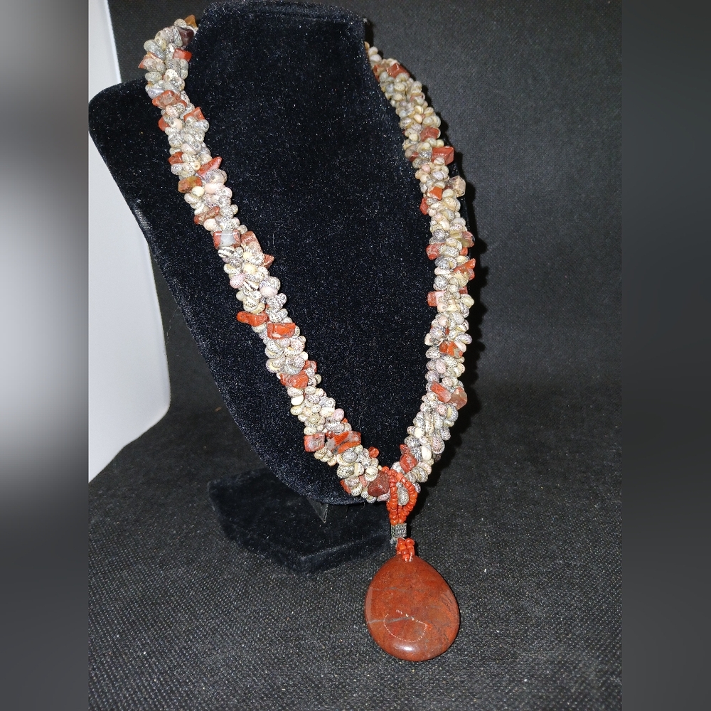 Vintage Handmade Abalone Coral Beaded Statement Necklace ,jasper pendant. 24 in